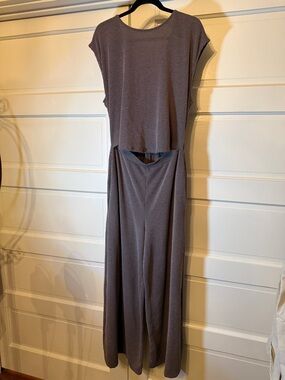 Bucket List Ribbed Wide Leg Jumpsuit Taupe Open Back Tie Flowy